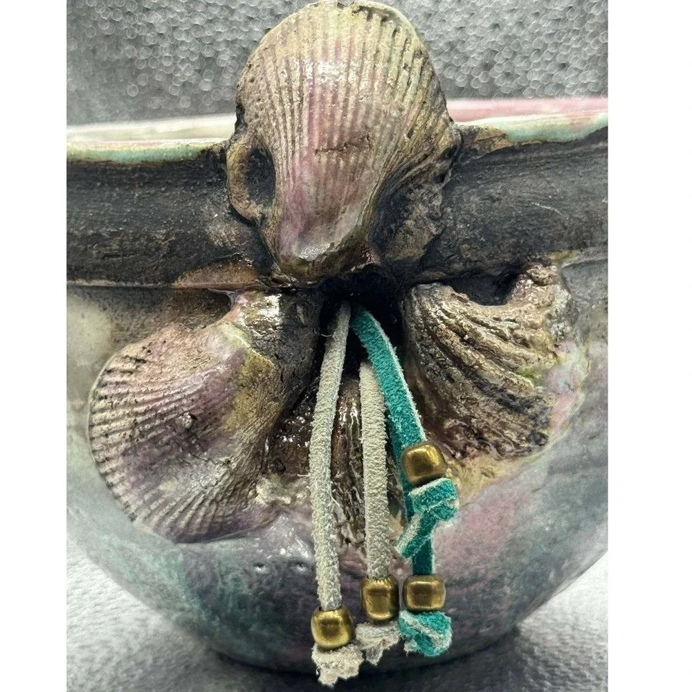 Signed Studio Pottery Bowl‎ Small Pink Purple Iridescent Shell Accents Boho